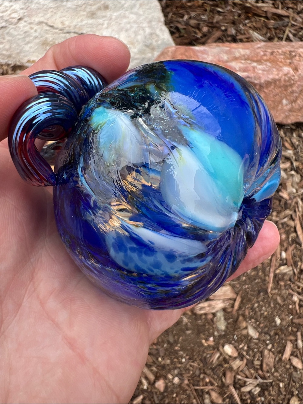 Handblown Blue Glass Pumpkin Halloween Thanksgiving Autumn - Picture 6 of 12
